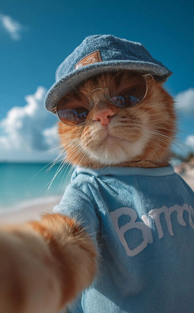 A cool cat wearing sunglasses and a hat, street photography style