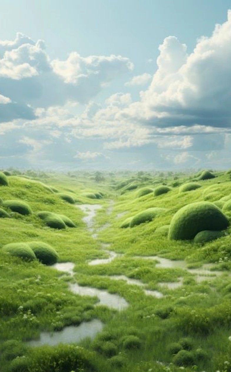 Dreamy landscape with rolling green hills and pink flowers